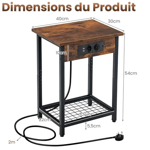Lot de 2 Tables de Chevet avec Station de Charge & Étagère Ouverte Table D'appoint à 2 Niveaux 2 Ports 2 Usb Pour Salon Chambre Café