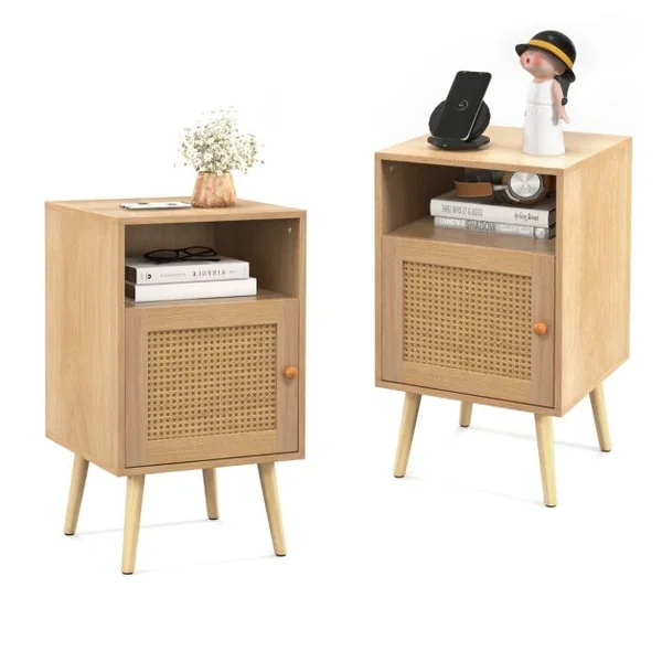 Lot de 2 Tables de Chevet avec à Porte Cannage et Pieds en Bois Massif Table de Nuit Bohême Fermeture Silencieuse 40x39x70cm Naturelle