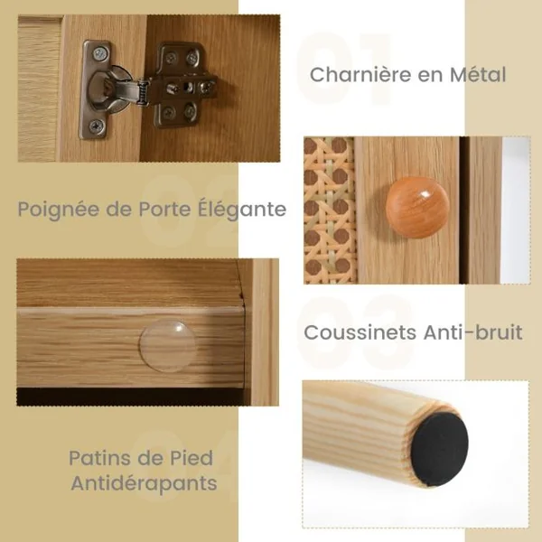 Lot de 2 Tables de Chevet avec à Porte Cannage et Pieds en Bois Massif Table de Nuit Bohême Fermeture Silencieuse 40x39x70cm Naturelle