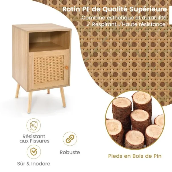 Lot de 2 Tables de Chevet avec à Porte Cannage et Pieds en Bois Massif Table de Nuit Bohême Fermeture Silencieuse 40x39x70cm Naturelle