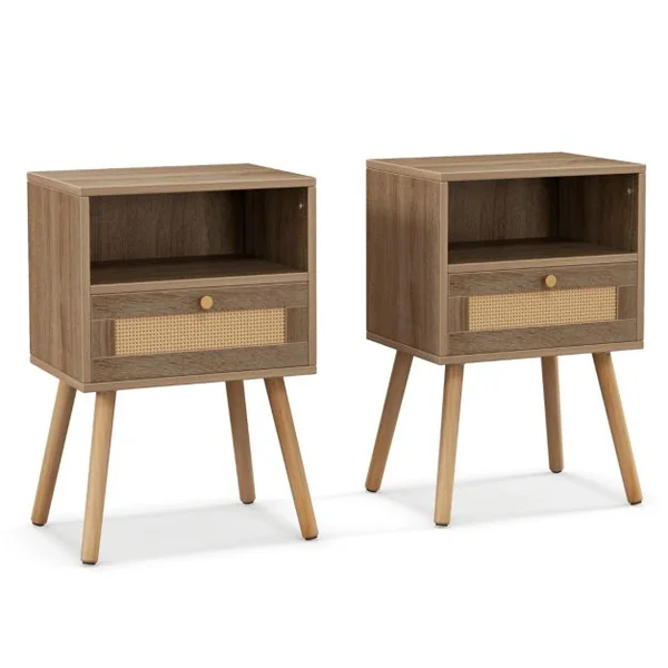Lot de 2 Tables de Chevet en Rotin Petite Table d'Appoint avec Tiroir 2 Tables de Nuit en Bois Table d'Appoint Compacte Multifonctionnelle Naturel