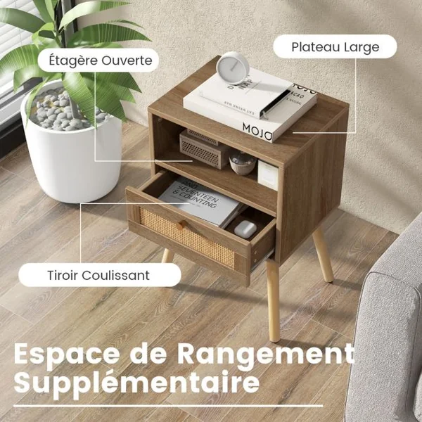 Lot de 2 Tables de Chevet en Rotin Petite Table d'Appoint avec Tiroir 2 Tables de Nuit en Bois Table d'Appoint Compacte Multifonctionnelle Naturel