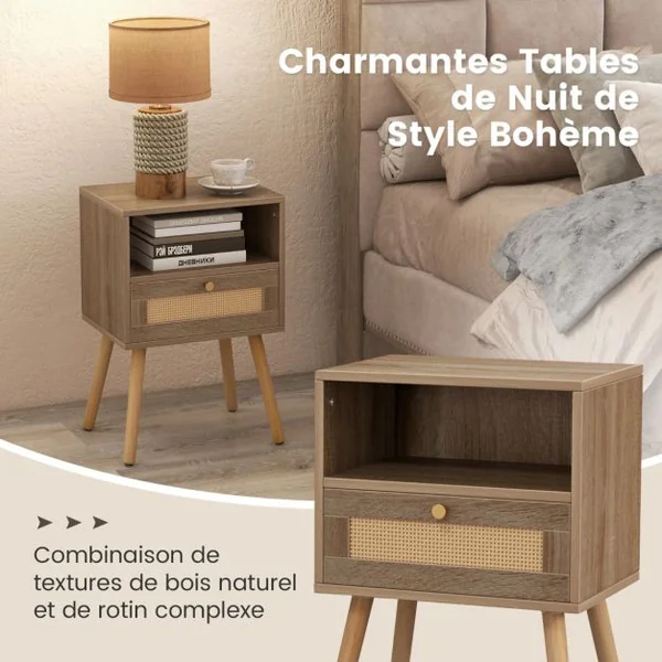 Lot de 2 Tables de Chevet en Rotin Petite Table d'Appoint avec Tiroir 2 Tables de Nuit en Bois Table d'Appoint Compacte Multifonctionnelle Naturel