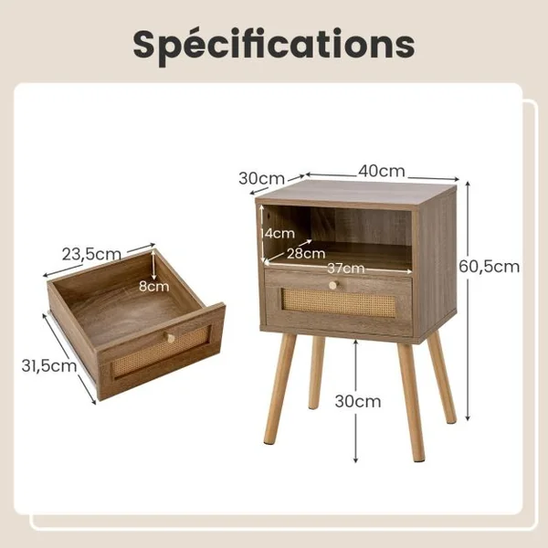 Lot de 2 Tables de Chevet en Rotin Petite Table d'Appoint avec Tiroir 2 Tables de Nuit en Bois Table d'Appoint Compacte Multifonctionnelle Naturel