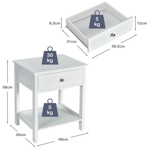 Lot de 2 Tables de Chevet à 2 Niveaux Style Moderne Simple 48 x 40 x 58 CM Blanc