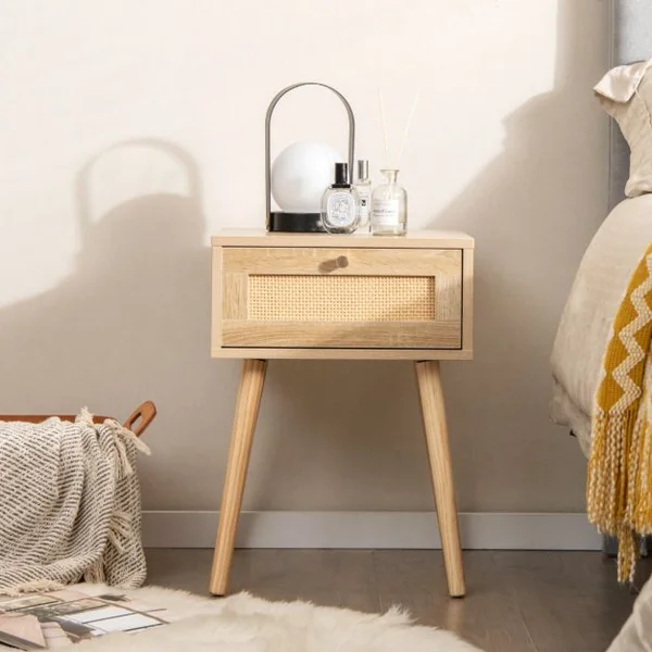 Lot de 2 Tables en Rotin Table de Nuit Bois avec Tiroir et 4 Pieds en Pin Chevet de Lit Naturel 40 x 40 x 55 cm