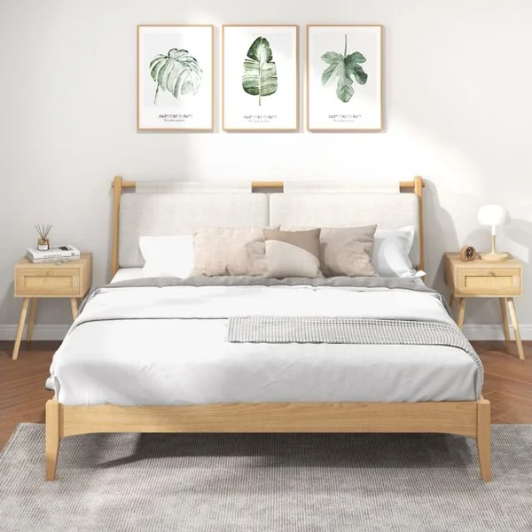 Lot de 2 Tables en Rotin Table de Nuit Bois avec Tiroir et 4 Pieds en Pin Chevet de Lit Naturel 40 x 40 x 55 cm