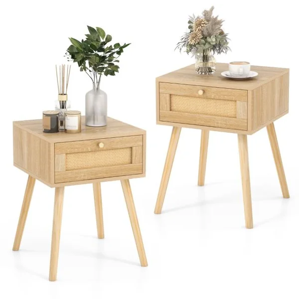 Lot de 2 Tables en Rotin Table de Nuit Bois avec Tiroir et 4 Pieds en Pin Chevet de Lit Naturel 40 x 40 x 55 cm
