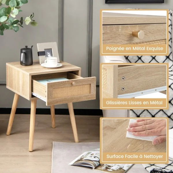 Lot de 2 Tables en Rotin Table de Nuit Bois avec Tiroir et 4 Pieds en Pin Chevet de Lit Naturel 40 x 40 x 55 cm