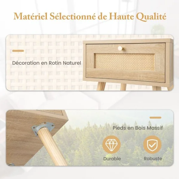 Lot de 2 Tables en Rotin Table de Nuit Bois avec Tiroir et 4 Pieds en Pin Chevet de Lit Naturel 40 x 40 x 55 cm