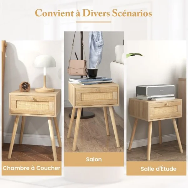 Lot de 2 Tables en Rotin Table de Nuit Bois avec Tiroir et 4 Pieds en Pin Chevet de Lit Naturel 40 x 40 x 55 cm