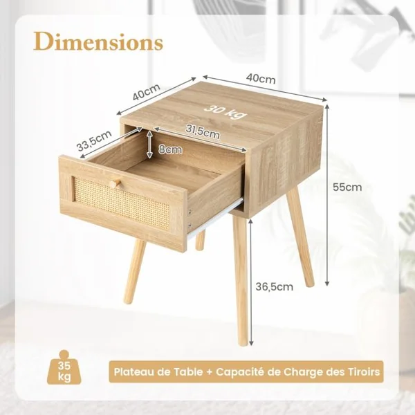 Lot de 2 Tables en Rotin Table de Nuit Bois avec Tiroir et 4 Pieds en Pin Chevet de Lit Naturel 40 x 40 x 55 cm