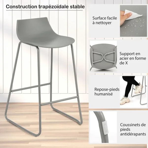 Lot de 2 Tabouret de Bar Cadre en métal avec Repose-Pieds pour Bar îlot de Cuisine Pub Gris
