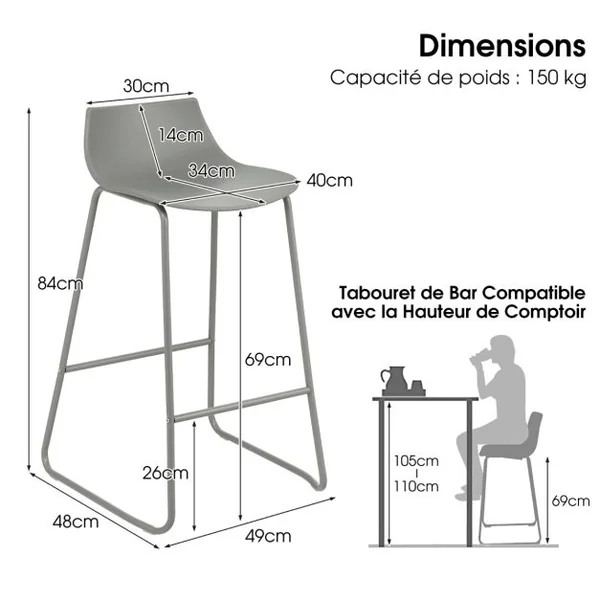 Lot de 2 Tabouret de Bar Cadre en métal avec Repose-Pieds pour Bar îlot de Cuisine Pub Gris
