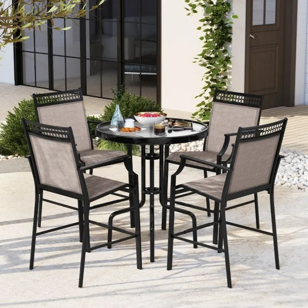 Lot de 2 Tabourets de Bar de Patio Robustes avec Repose-pieds et Accoudoirs Chaises de Salle à Manger avec Cadre Métallique Marron/Bleu/Rouge