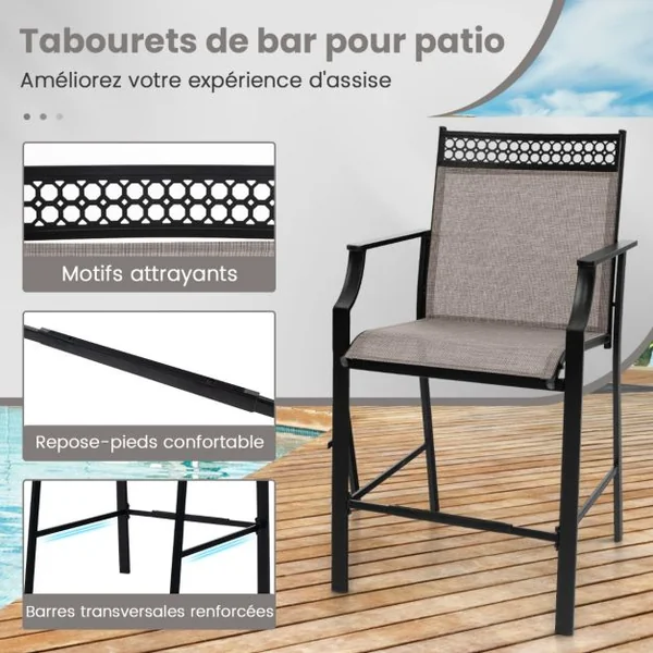 Lot de 2 Tabourets de Bar de Patio Robustes avec Repose-pieds et Accoudoirs Chaises de Salle à Manger avec Cadre Métallique Marron/Bleu/Rouge