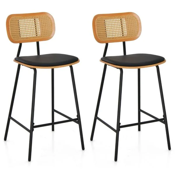 Lot de 2 Tabourets de Bar en Métal Siège en Simili Cuir Hauteur d'Assise 65,5cm Dossier Design Cannage Tabouret Cuisine Industriel Noir