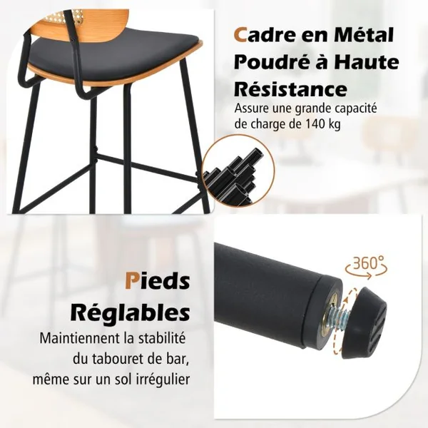 Lot de 2 Tabourets de Bar en Métal Siège en Simili Cuir Hauteur d'Assise 65,5cm Dossier Design Cannage Tabouret Cuisine Industriel Noir