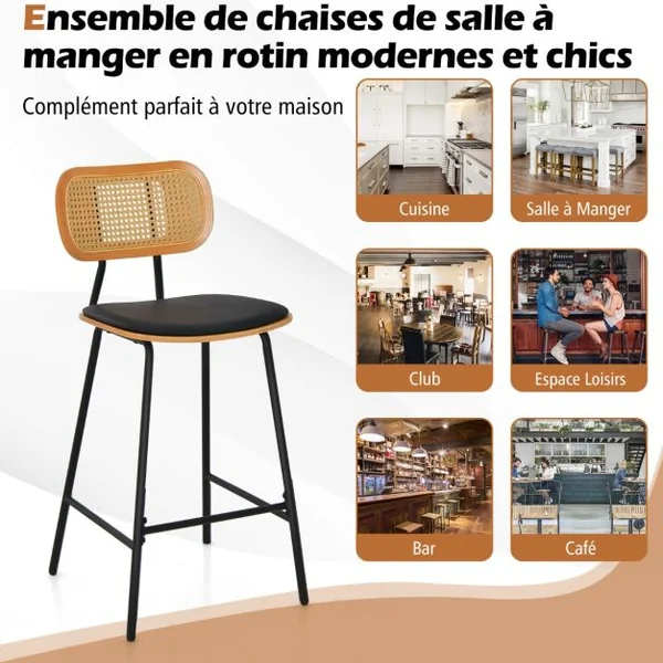 Lot de 2 Tabourets de Bar en Métal Siège en Simili Cuir Hauteur d'Assise 65,5cm Dossier Design Cannage Tabouret Cuisine Industriel Noir