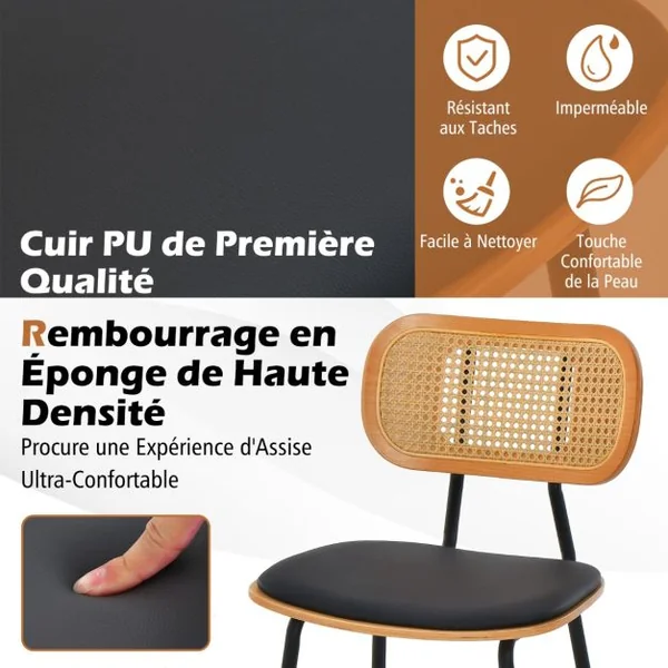 Lot de 2 Tabourets de Bar en Métal Siège en Simili Cuir Hauteur d'Assise 65,5cm Dossier Design Cannage Tabouret Cuisine Industriel Noir