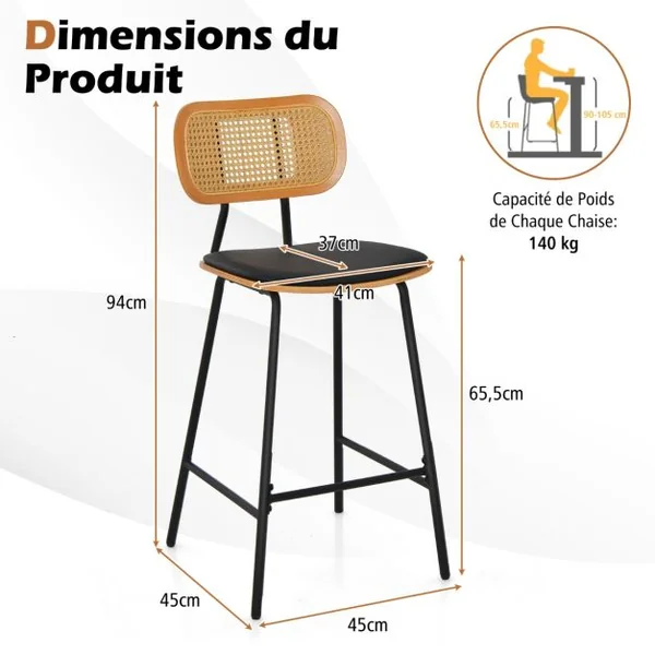 Lot de 2 Tabourets de Bar en Métal Siège en Simili Cuir Hauteur d'Assise 65,5cm Dossier Design Cannage Tabouret Cuisine Industriel Noir