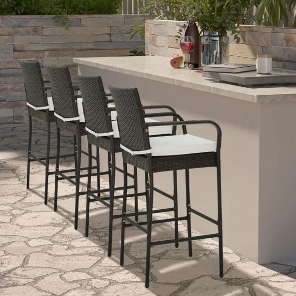 Lot de 2 Tabourets de Bar en Rotin PE Anti-UV Charge 180 KG avec Repose-Pieds Assise Rembourrée Lavable et Amovible