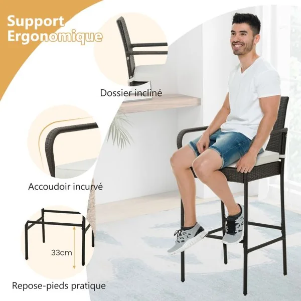 Lot de 2 Tabourets de Bar en Rotin PE Anti-UV Charge 180 KG avec Repose-Pieds Assise Rembourrée Lavable et Amovible