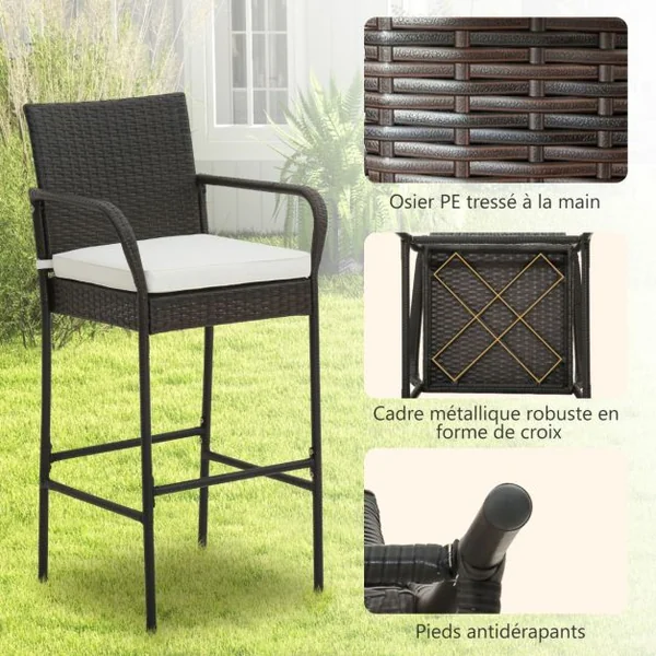 Lot de 2 Tabourets de Bar en Rotin PE Anti-UV Charge 180 KG avec Repose-Pieds Assise Rembourrée Lavable et Amovible