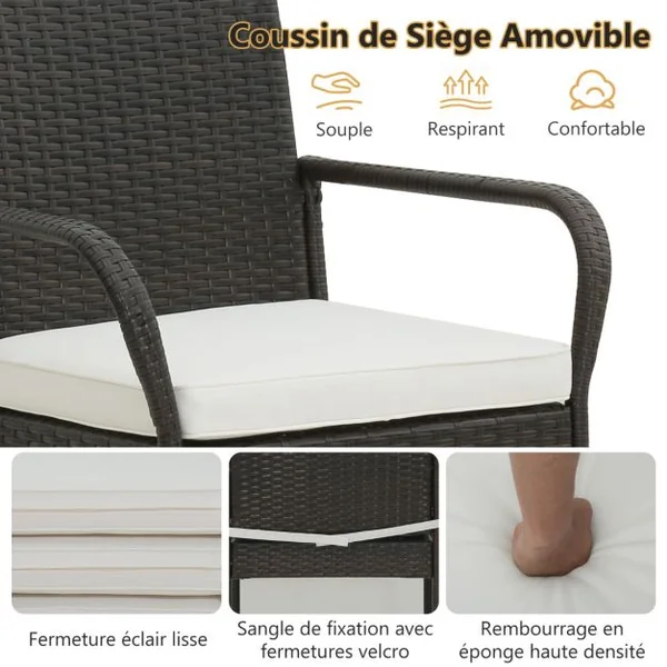 Lot de 2 Tabourets de Bar en Rotin PE Anti-UV Charge 180 KG avec Repose-Pieds Assise Rembourrée Lavable et Amovible