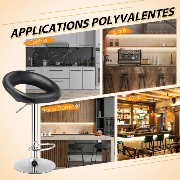 Lot de 2 Tabourets de Bar Modernes Réglables en Hauteur Rotatifs à 360° Base Antidérapante Repose-pieds en Métal pour Maison Restaurant Noir