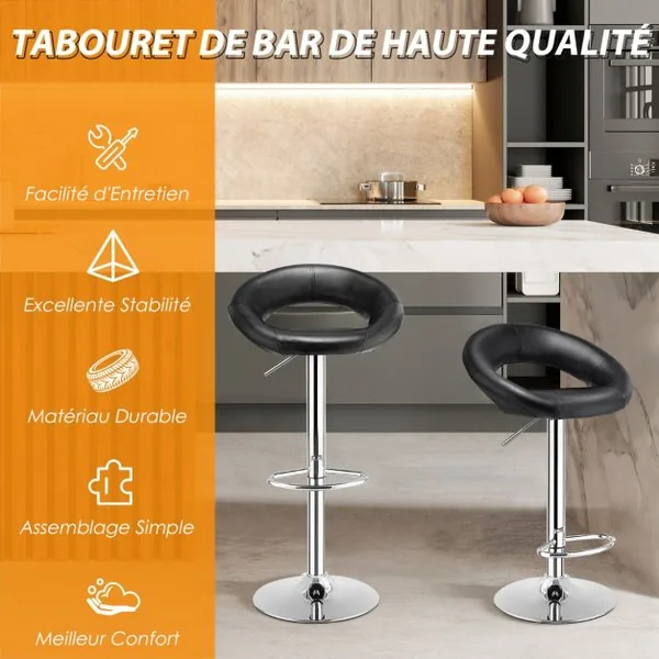 Lot de 2 Tabourets de Bar Modernes Réglables en Hauteur Rotatifs à 360° Base Antidérapante Repose-pieds en Métal pour Maison Restaurant Noir