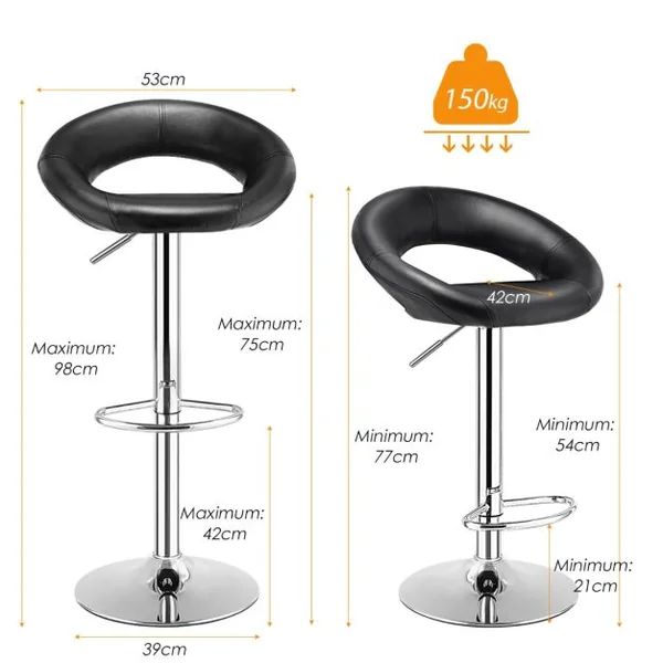 Lot de 2 Tabourets de Bar Modernes Réglables en Hauteur Rotatifs à 360° Base Antidérapante Repose-pieds en Métal pour Maison Restaurant Noir