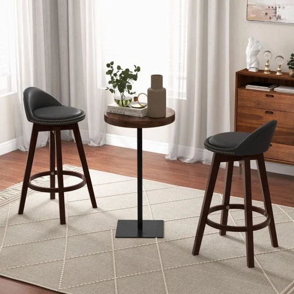 Lot de 2 Tabourets de Bar Pivotant 360°en Bois avec Rivets Décoratifs Dossier Assise Rembourrée Charge 180 KG Noir