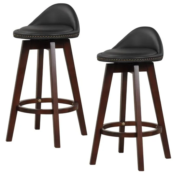 Lot de 2 Tabourets de Bar Pivotant 360°en Bois avec Rivets Décoratifs Dossier Assise Rembourrée Charge 180 KG Noir