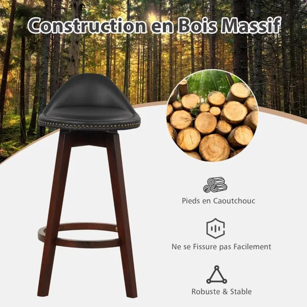 Lot de 2 Tabourets de Bar Pivotant 360°en Bois avec Rivets Décoratifs Dossier Assise Rembourrée Charge 180 KG Noir