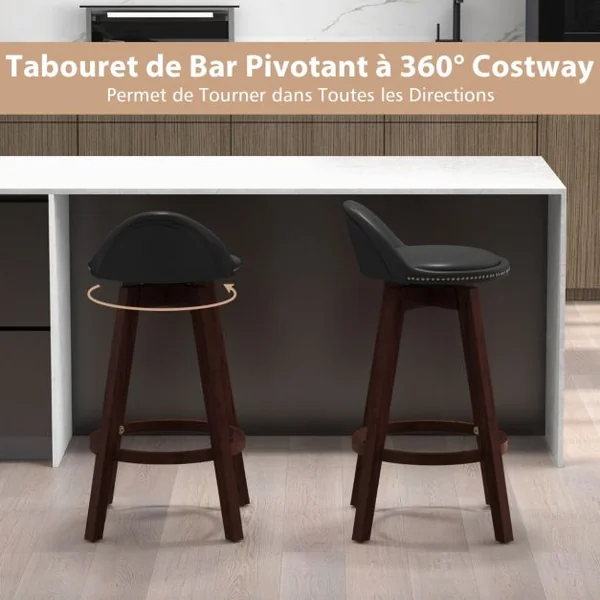 Lot de 2 Tabourets de Bar Pivotant 360°en Bois avec Rivets Décoratifs Dossier Assise Rembourrée Charge 180 KG Noir