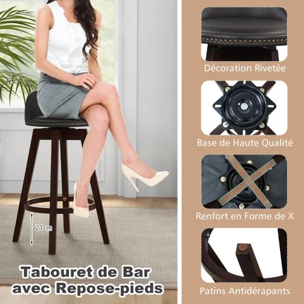 Lot de 2 Tabourets de Bar Pivotant 360°en Bois avec Rivets Décoratifs Dossier Assise Rembourrée Charge 180 KG Noir