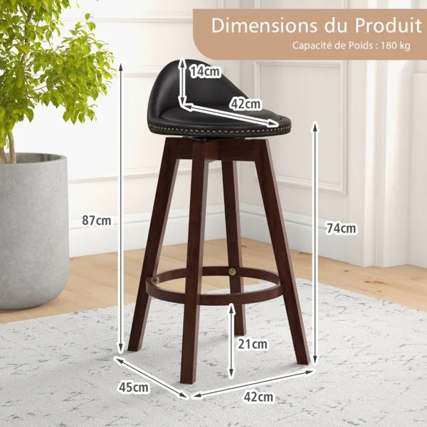 Lot de 2 Tabourets de Bar Pivotant 360°en Bois avec Rivets Décoratifs Dossier Assise Rembourrée Charge 180 KG Noir