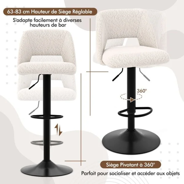 Lot de 2 Tabourets de Bar Pivotants Réglables avec Dossiers et Repose-Pieds Tabourets de Bar Rembourrés en Tissu pour Bar Blanc