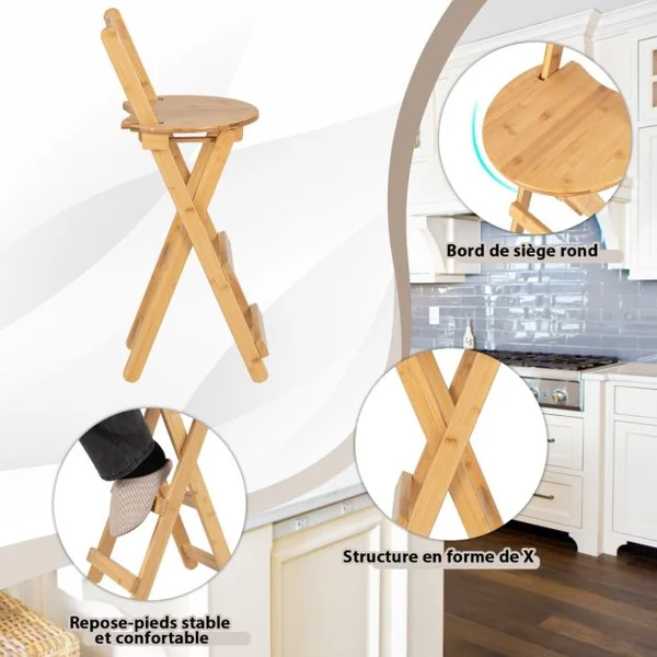 Lot de 2 Tabourets de Bar Pliants en Bambou Sans Assemblage Idéal pour Cuisine Salle à Manger Salon 34 x 28 x 84 cm
