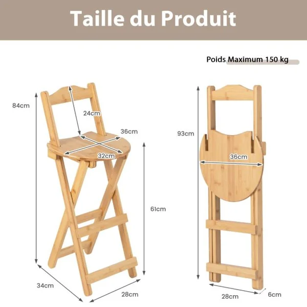 Lot de 2 Tabourets de Bar Pliants en Bambou Sans Assemblage Idéal pour Cuisine Salle à Manger Salon 34 x 28 x 84 cm