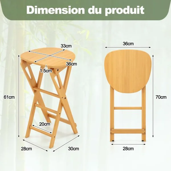 Lot de 2 Tabourets de Bar Pliants en Bambou Tabouret Haut Chaise Bar Bistro avec Repose-Pieds Poignées Sans Assemblage 36 x 33 x 61 cm