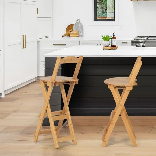 Lot de 2 Tabourets de Bar Pliants en Bambou Tabouret Haut Chaise Bar Bistro avec Repose-pieds Poignées Sans Assemblage