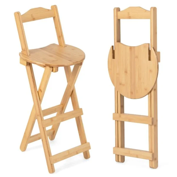 Lot de 2 Tabourets de Bar Pliants en Bambou Tabouret Haut Chaise Bar Bistro avec Repose-pieds Poignées Sans Assemblage