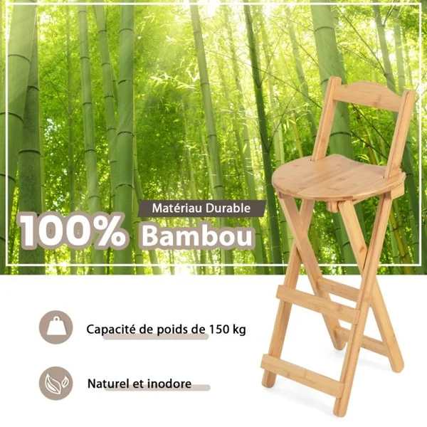 Lot de 2 Tabourets de Bar Pliants en Bambou Tabouret Haut Chaise Bar Bistro avec Repose-pieds Poignées Sans Assemblage