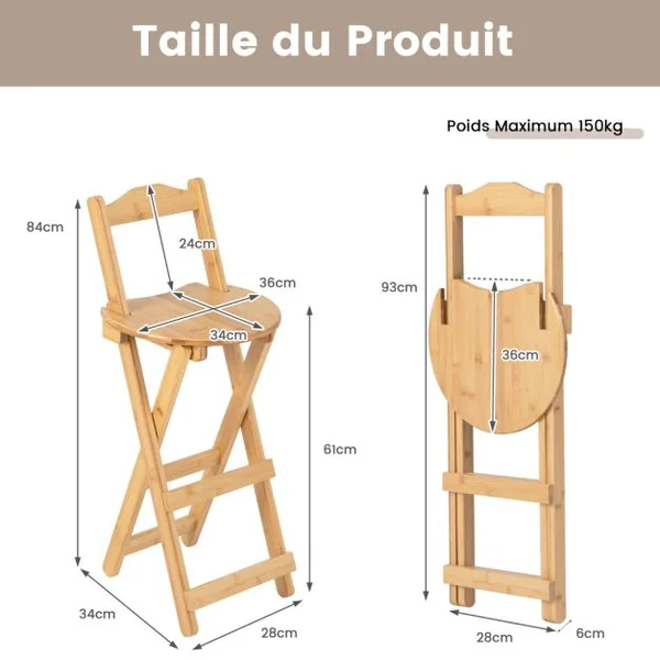 Lot de 2 Tabourets de Bar Pliants en Bambou Tabouret Haut Chaise Bar Bistro avec Repose-pieds Poignées Sans Assemblage