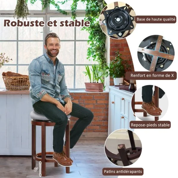 Lot de 2 Tabourets de Bar Rond Pivotant 360° Dia. 42 x 66 cm Assise Rembourrée Charge 180 KG, Design Classique Gris