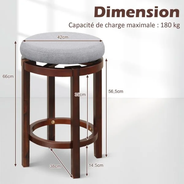 Lot de 2 Tabourets de Bar Rond Pivotant 360° Dia. 42 x 66 cm Assise Rembourrée Charge 180 KG, Design Classique Gris