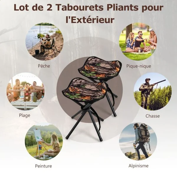 Lot de 2 Tabourets de Camping Pliant en Tissu Oxford avec Sangle d'Épaule Charge 150 KG pour Randonnée Chasse et Pêche