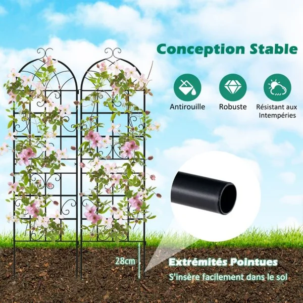 Lot de 2 Treillis de Jardin en Métal 180 x 50 cm Clôture Décorative pour Plante Grimpante Grille Fleurs Antirouille pour Cour Patio Noir